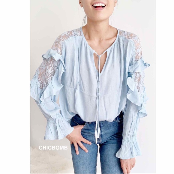 Boho Ruffles Long Sleeve Blouse in Light Blue - Effortlessly Chic and Versatile - Picture 6 of 8